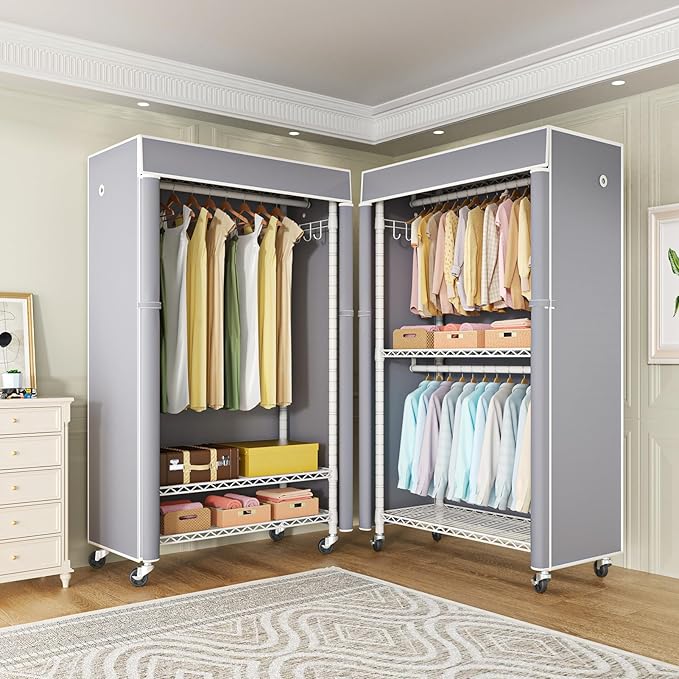FUTASSI White Clothing Rack with Grey Cover, P1C Rolling Closet Rack with Wheels, Metal Garment Rack for Hanging Clothes, Clo