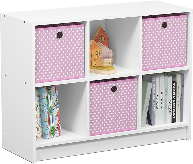 Furinno BASIC Book Shelf, 6-Cube Bookshelf with Open Shelf, 3 x 2 Bookcase with Storage Bins, Closed Back, Horizontal, 11.9 x