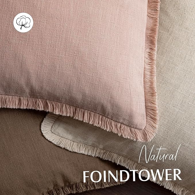 Foindtower Set of 2 Decorative Linen Fringe Throw Pillow Covers Boho Farmhouse Cushion Cover with Tassels Soft Accent Pillowc