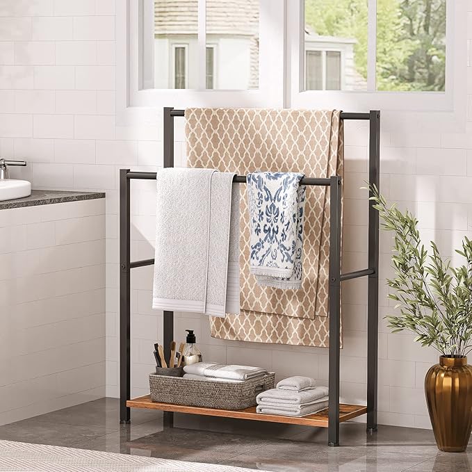 HOOBRO Free Standing Towel Rack for Bathroom, 22" L x 9.4" W x 31.5" H, 2 Tier Blanket Rack, Blanket Holder, Drying and Displ