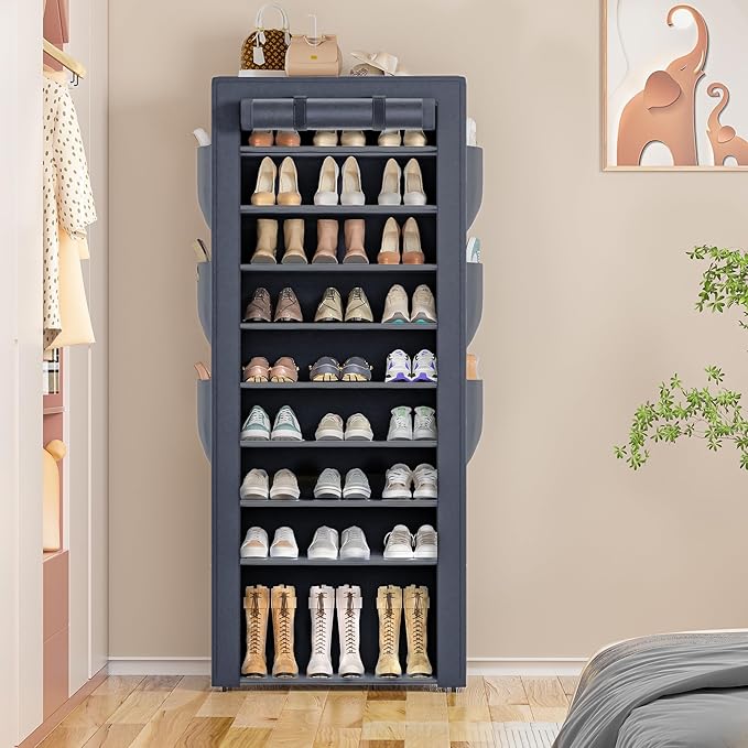 OYREL Shoes Rack 10 Tier Tall Shoe Rack with Storage Pockets, Fabric Covered Shoe Racks,Metal Shoes Rack Organizer for Closet