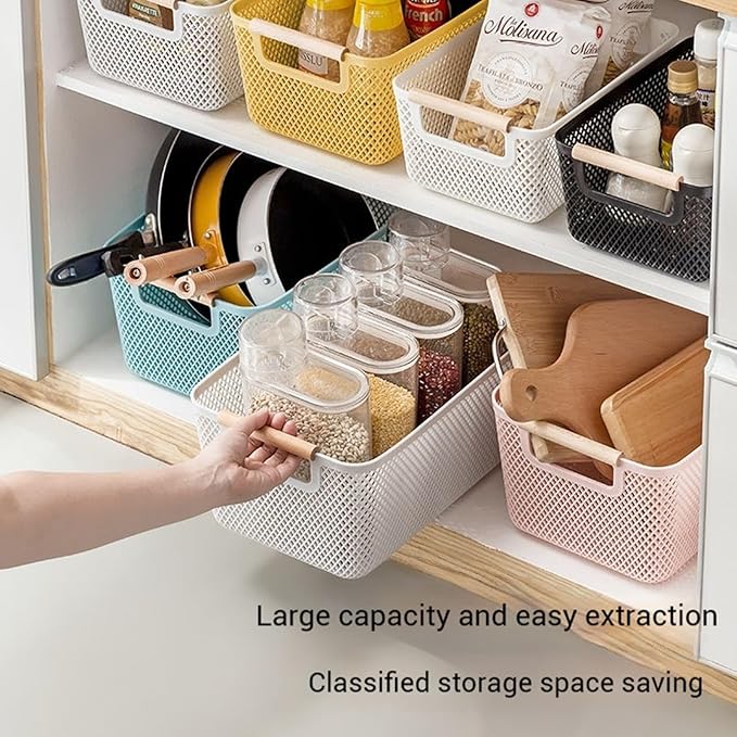 AJIODA Metal Mesh Steel Basket, Small Wire Storage Organizer Baskets Multi-function Hanging Kitchen Basket with Wood Handle f