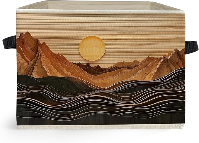 Boho Abstract Sun Mountain Storage Box Bins, Rustic Modern Abstract Boho Collapsible Storage Basket Organizer for Bedroom Lau