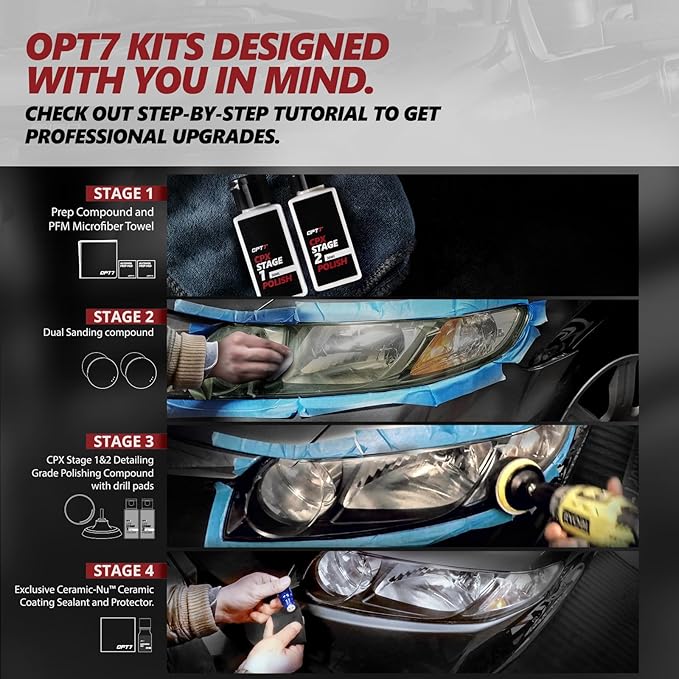 OPT7 Headlight Restoration Kit with Exclusive Ceramic Nu Coating - Professional Detailers Grade - Lens Polisher Drill Set