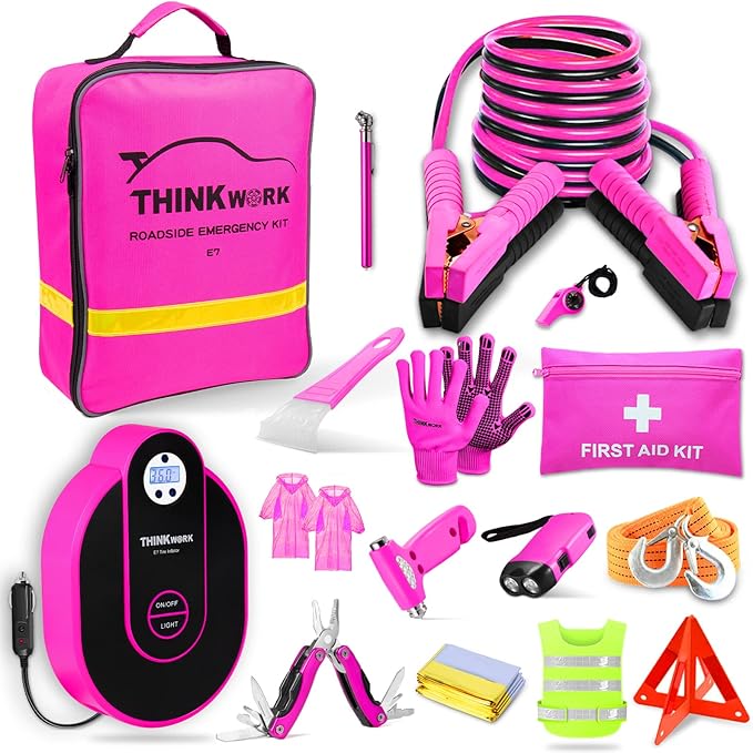THINKWORK Car Emergency Kit for Teen Girl and Lady's Gifts, Pink Emergency Roadside Assistance kit with Digital Air Compresso