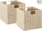 Vagusicc Wicker Storage Basket, Set of 2 Hand-Woven Paper Rope Wicker Baskets, Foldable Cube Storage Bins, Beige Storage Bask