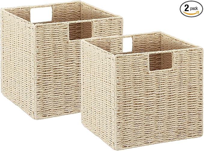 Vagusicc Wicker Storage Basket, Set of 2 Hand-Woven Paper Rope Wicker Baskets, Foldable Cube Storage Bins, Beige Storage Bask