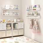 Fun Memories Nursery Book Shelves Set of 2, 32 Inch Solid Wood Wall Book Shelves, Kids Room Floating Shelves Organizer & Toy 