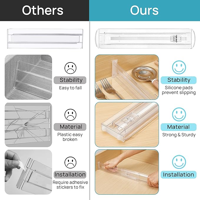 Vtopmart 4 Pack Shallow Drawer Dividers, 2.36" High 12.5"-20.8" Adjustable Expandable Kitchen Drawer Organizer, Clear Plastic