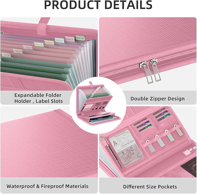 Fireproof Accordion File Organizer, Portable Expanding File Folder with Waterproof Zipper&Labels, Pink Document Organizer wit