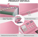 Fireproof Accordion File Organizer, Portable Expanding File Folder with Waterproof Zipper&Labels, Pink Document Organizer wit