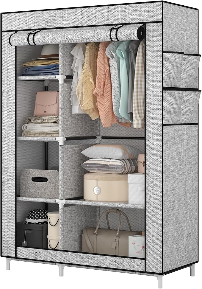 Calmootey Portable Closet Organizers, Clothing Storage, Wardrobe with 6 Shelves and Hanging Rod, Non-Woven Fabric Cover with 