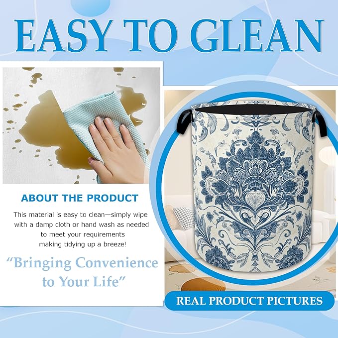 Vintage Blue Floral Laundry Basket Collapsible Laundry Hamper Clothes Toy Storage Bin for Bathroom Bedroom Room Decor 16" X 2