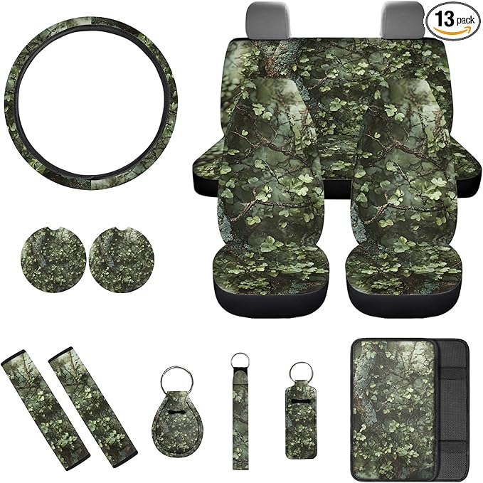 Green Camo Hunting 13 Piece Car Seat Cover Set with Steering Wheel Cover Seatbelt Strap Pad Armrest Pad Cup Coasters Key Chain Automobile Interior Sets Fit for Van Truck SUV Sedan