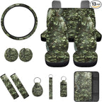 Green Camo Hunting 13 Piece Car Seat Cover Set with Steering Wheel Cover Seatbelt Strap Pad Armrest Pad Cup Coasters Key Chain Automobile Interior Sets Fit for Van Truck SUV Sedan