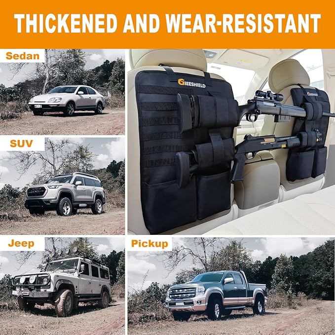 Truck Gun Rack（Set of 2）, Seat Back Gun Rack with Adjustable Straps, 600D Oxford Cloth, Universal Rifle Holder, PVC Coated, Secure Storage Pockets for Hunting Gear, Easy to Install Vehicle Gun Rack