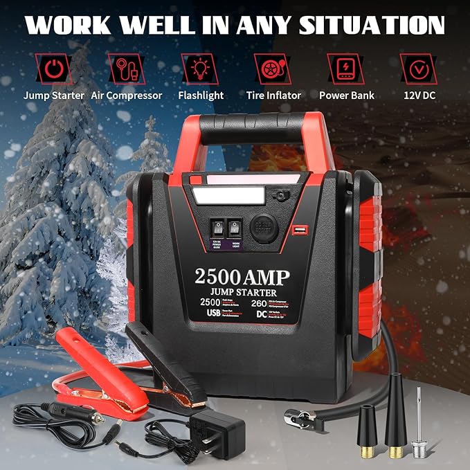 Jump Starter with Air Compressor,2500A Car Battery Jumper Starter 260 PSI Tire Inflator,6 in 1 Auto Lead-Acid Battery