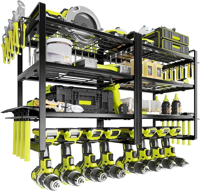 KAFAHOM Power Tool Organizer Wall Mount, 4-Tier Drill Holder for Cordless Tools, 2-Pack Set, Garage Storage Rack with Side Ho