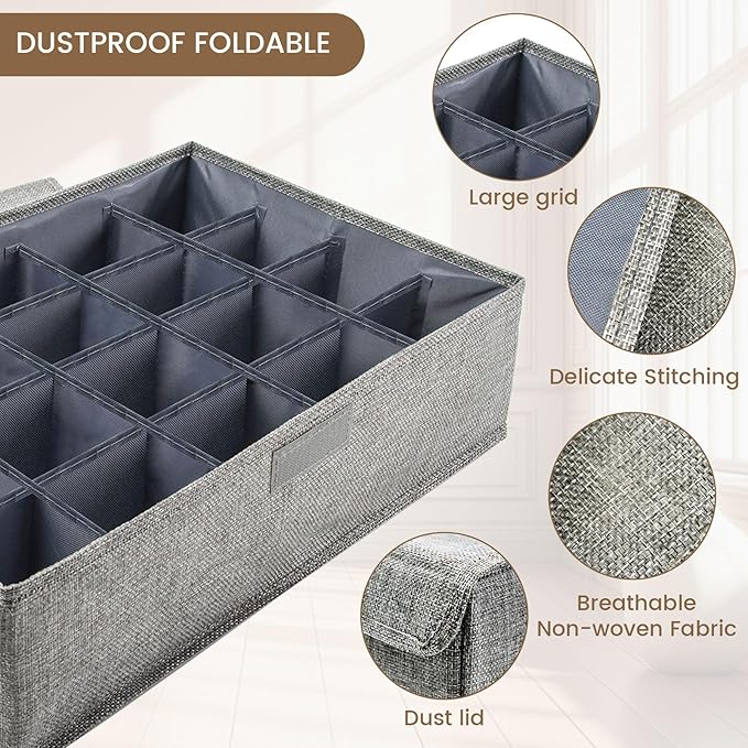 2 Pack Large Grid Sock Organizer Divider, 20 Cell with Lid, Fabric Foldable, Tie Organizer for Men for Storing Socks, Tie, Ha