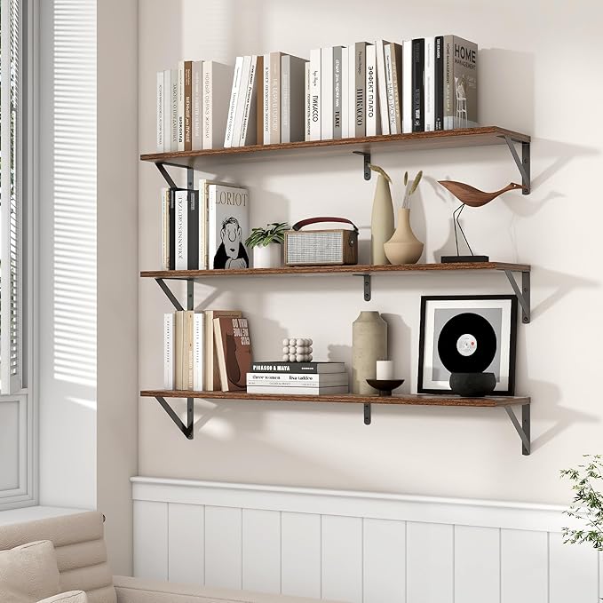 Axeman 40 Inch Floating Shelves | 8 Inch Deep Walnut Wall Shelves Set of 2 | 39.4W x 8D Rustic Wood Shelves for Bookshelf Liv