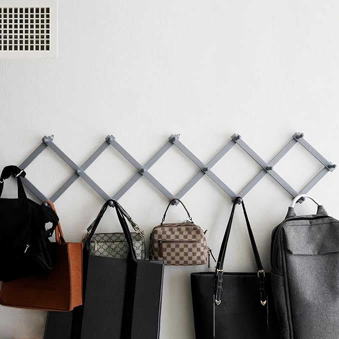 SKOLOO Accordion Wall Hanger with 16 Hooks, Modern Expandable Coat Rack Hat Rack for Wall, Solid Wooden, Dusty Gray Oak