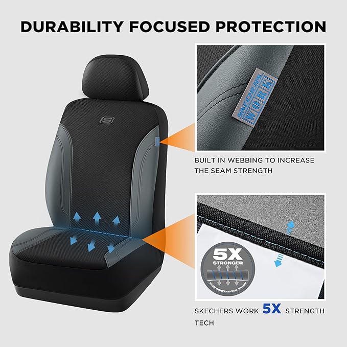 Skechers Car Seat Covers, Work Leather Seat Covers 5-Times Stronger Built-in Webbing, Oxford Fabric Front Seat Covers, Airbag