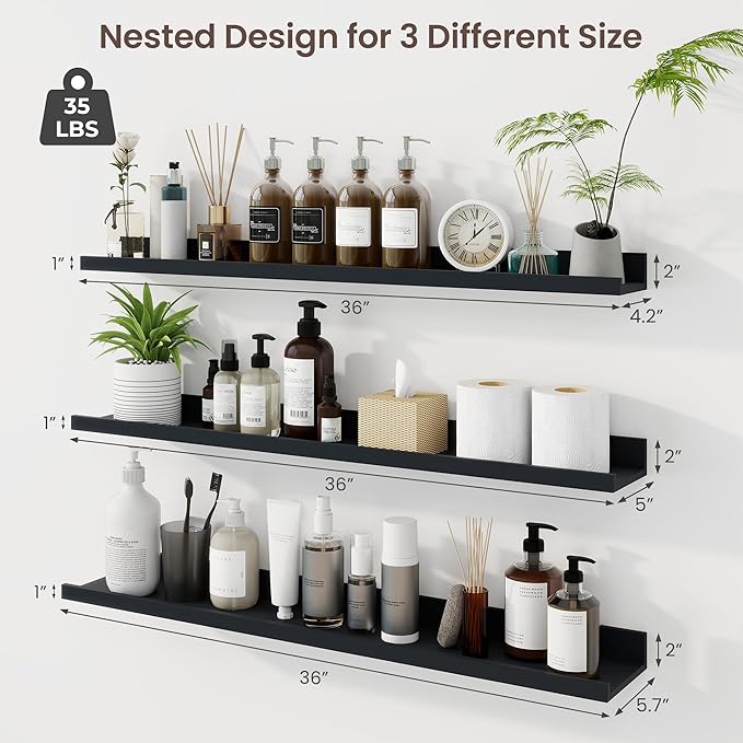 Axeman 36 Inch Floating Shelves | Black Picture Ledge Shelf Set of 3 | Rustic Wood Wall Shelves with Lip | 36" Black Picture 