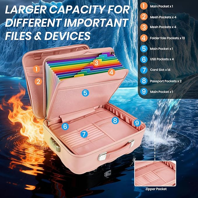 Fireproof Document Box, Hard Case Fireproof File Organizer Box with Lock and 13 Pocket Accordion File Folder, Portable Safe B