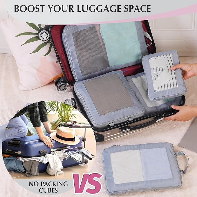 Ultralight Compression Packing Cubes for Suitcases Carry on，Compressible Mesh Packing Cubes for Travel Women Travel Essential