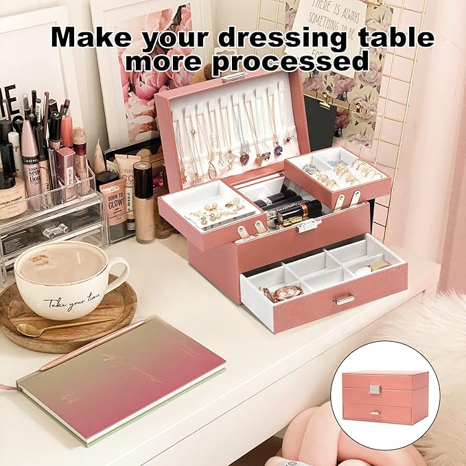 Dajasan Jewelry Organizer Box, Large Jewelry Boxes for Women Girls, Space-Saving 3 Layers Jewelry Storage Case with Drawer, M