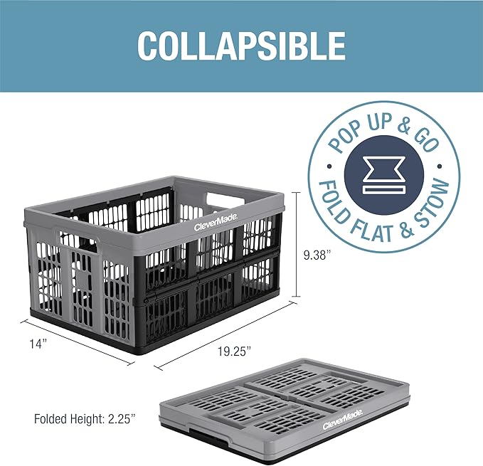 CleverMade Collapsible Utility Crate, Stone, 1PK - 32L (8 Gal) Collapsible Storage Bins, Holds 40lbs Per Bin - Plastic Stacka