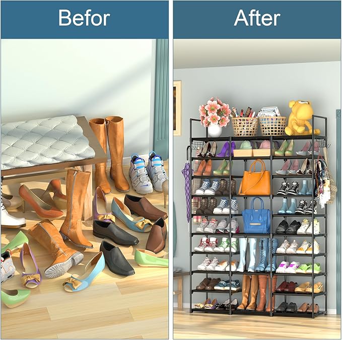 Kottwca 3 Row 10 Tier Large Shoe Rack Organizer for Closet Entryway, 60-65 Pair Shoe Boot Storage Rack, Metal Shoe Shelf Tall