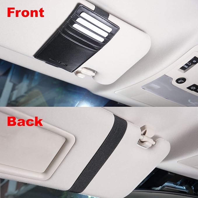 HISCOW Car Sun Visor Card Holder with Elastic Band Fastener - Italian Calfskin (Black)