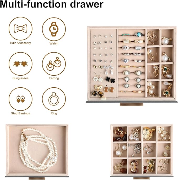 Frebeauty Clear Lid Jewelry Box,3-Layer Jewelry Organizer with Drawer,PU Leather Jewelry Organizers and Storage,Jewelry Boxes