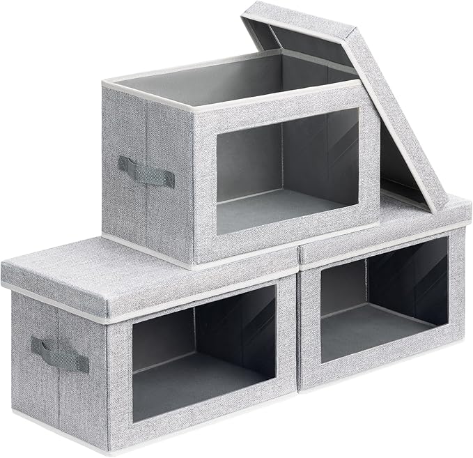 Homsorout Storage Boxes with Lids - 3 Pack Fabric Clear Window Storage Bins, Collapsible Storage Bins with Lids, Linen Closet