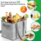 Fab totes Reusable Grocery Bags, Large Foldable Shopping Tote Bags with Reinforced Handles & Hard Bottom,2 Pack, Grey