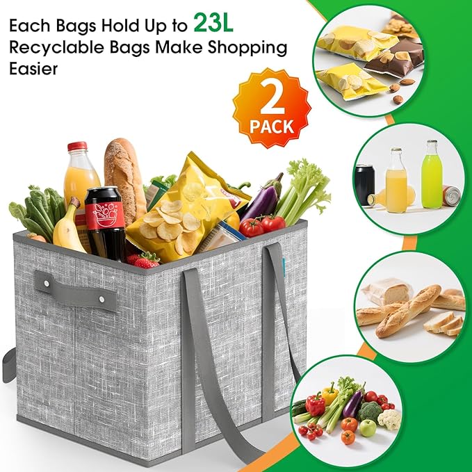 Fab totes Reusable Grocery Bags, Large Foldable Shopping Tote Bags with Reinforced Handles & Hard Bottom,2 Pack, Grey