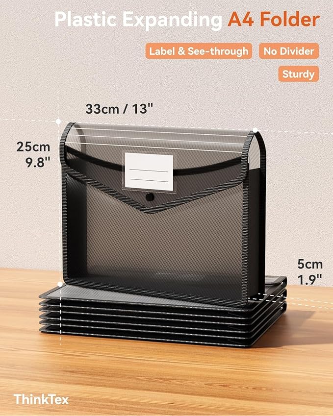 ThinkTex Plastic Expanding File Folder, Transparent envelopes with Snap Closure,No Dividers,Large Capacity,Document Organizer
