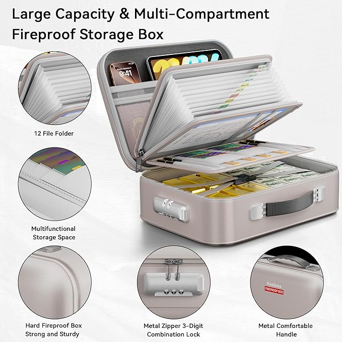 Fireproof Document Box, Hard Case Fireproof Box with Lock, Portable Hard-Shell Fireproof Water Resistant Document Safe for Im