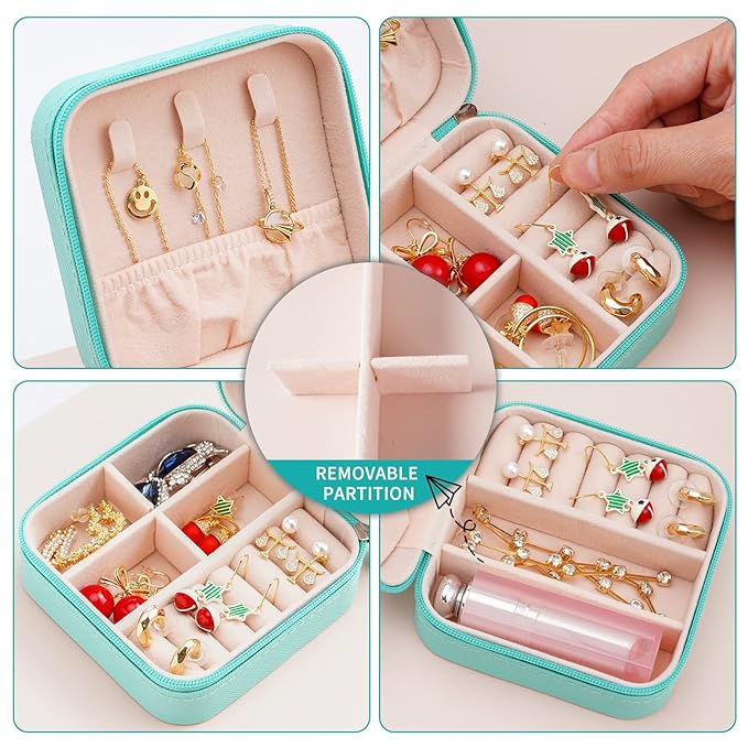 Neveika Portable Travel Mini Jewelry Box Leather Jewellery Ring Organizer Case Storage Gift Box Girls Women (4pcs blue).