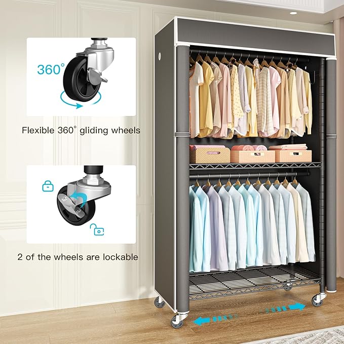 FUTASSI Black Clothing Rack with Dark Gray Cover, P1C Rolling Closets with Wheels, Metal Garment Rack for Hanging Clothes, Cl