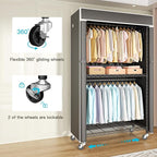 FUTASSI Black Clothing Rack with Dark Gray Cover, P1C Rolling Closets with Wheels, Metal Garment Rack for Hanging Clothes, Cl