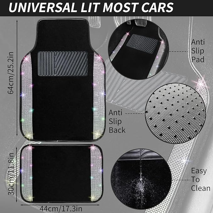 NBTEPEM Bling Car Floor Mats Full Set and Steering Wheel Cover, Universal Fit Most Cars, 4 pcs Sparkle Glitter Diamond Carpet, 5 pcs Bling Car Accessories Set for Women (Multicolor Diamond)