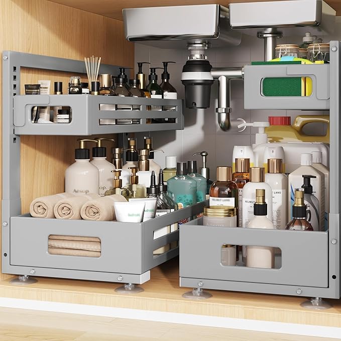 2 Pack 19IN-Depth Under Sink Organizer,Pull Out Cabinet Organizer With Smooth Cylindrical Rail,Metal Slide Out Drawer for Kit