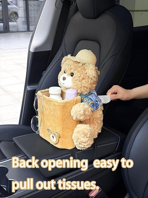 Cute Plush 2 in 1 Car Tissue Box and Trash Can Teddy Bear Tissue Box Plush Animals Cute Holder Plushie Multifunctional Organizer Creative Accessories for Women,Straw Hat Bear