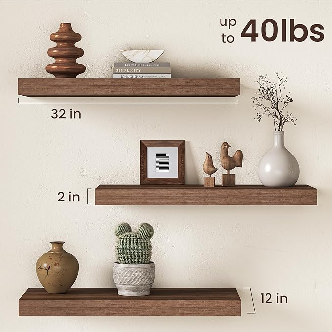32Inch Walnut Floating Shelves for Wall, 12 Inch Deep Shelves for Bedroom, Kitchen, Bathroom Wall Mounted, Rustic Wood Floati