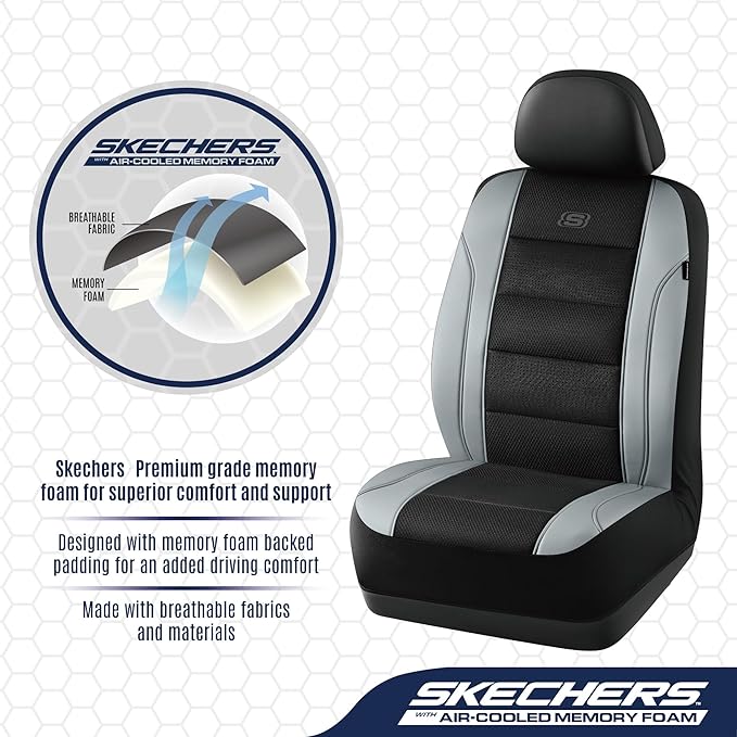 Skechers Men’s Air-Cooled Seat Covers, Memory Foam Car Seat Covers Front Seats, Airbag Compatible,Universal Fit for Most Cars
