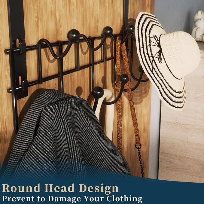 Consumest Over The Door Hooks Organizer - Extra Long Door Hanger with 9 Coat Hooks & 2 Mesh Basket, Back Storage Organizer Ha