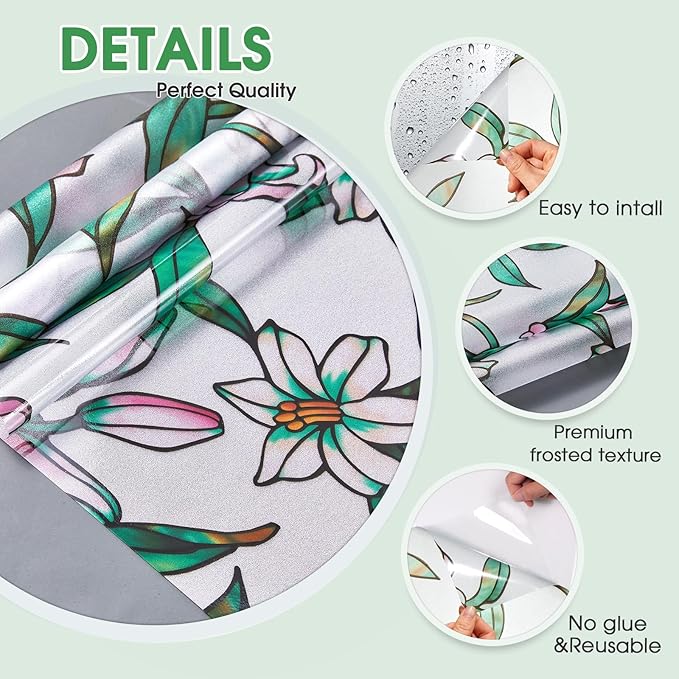 Coavas Static Cling Privacy Window Film, 96% UV & Heat Blocking, Stained Glass Window Film Floral Design, Non-Adhesive, for Bathroom, Front Door, Shower Enclosure‌ (Vinyl, 17.5" X 78.7 ")