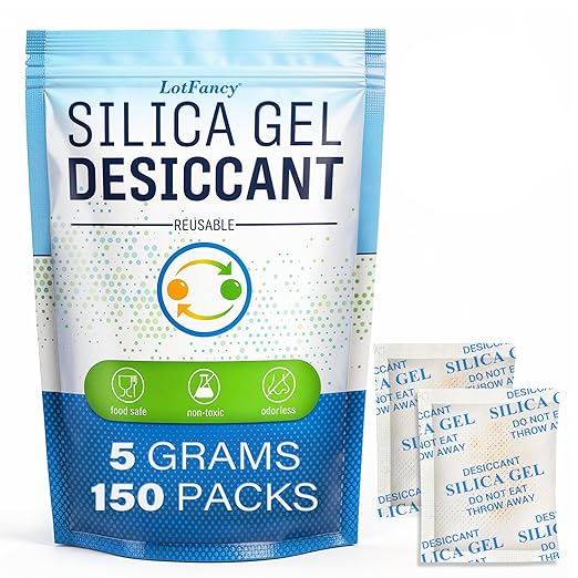 Silica Gel Packets 5 Gram 150 Pack, Color-Indicating Rechargeable Desiccant Packs Moisture Absorber for Food Storage, Electro